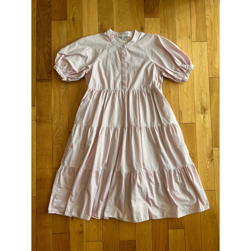 English Factory Short Puff Sleeve Tiered Midi Dress Poplin Cotton Pink Lilac S